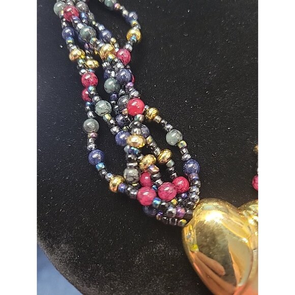 Beaded Choker Necklace Goldtone Heart Vintage 80s - Picture 5 of 5